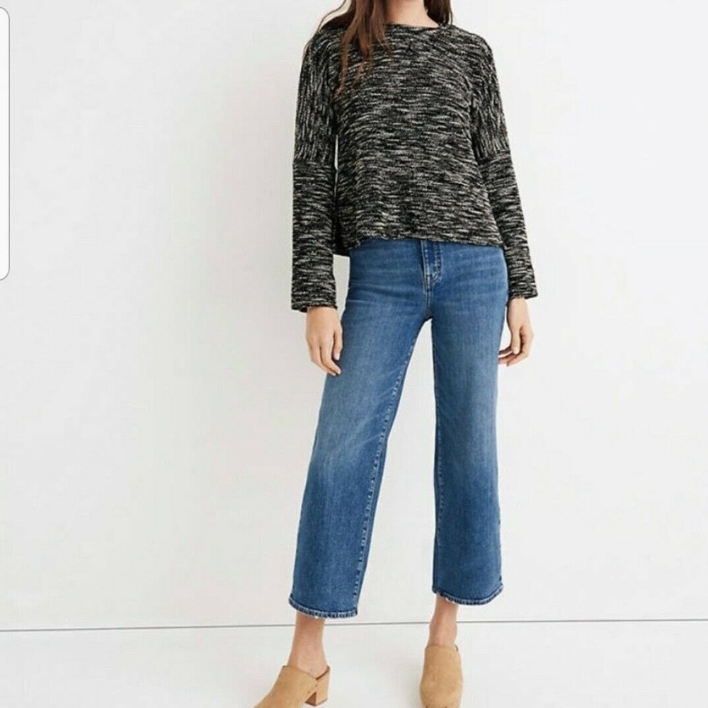 Madewell Button Shoulder Wide Sleeve Top True Black Marled Knit Small Boxy Knit